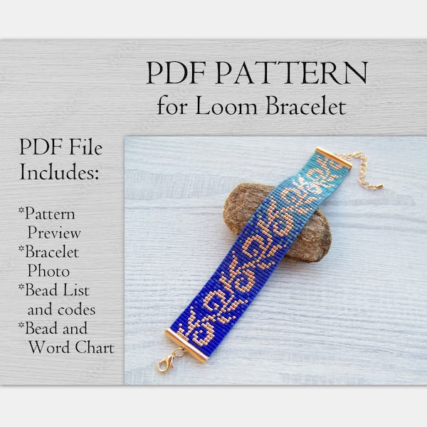 Loom Bead Pattern, Miyuki Delica Bracelet PDF Pattern, Floral print Blue gradient bracelet pattern, PDF Beading wrist cuff instant download