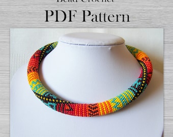 Patrón PDF para collar de patchwork de crochet con cuentas, Patrón de cuerda de crochet con cuentas de semillas, Estampado geométrico, Patrón de collar grueso moderno de Beadwork