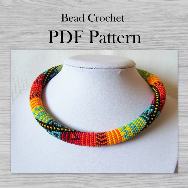 PDF Pattern for beaded crochet patchwork necklace, Seed bead crochet rope pattern, Geometric print, Beadwork modern chunky necklace pattern