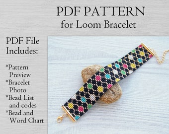 Colorful Bubbles Loom bracelet pattern, Miyuki Delica Bracelet PDF Pattern, Beading black and multi color wrist cuff instant download