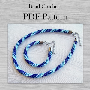 PDF-mönster för virkat halsband eller armband med gradientblå pärlor, virkat repmönster, DIY-konstprojekt med rosor, PDF-mönster med rosor