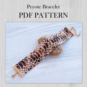 Modèle de bracelet peau de serpent Peyotl EVEN Count, modèle PDF Miyuki Delica, bracelet de manchette avec motif serpent marron à télécharger