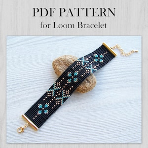 幾何学模様のブレスレットのパターン、ブラックゴールドターコイズのルームビーズのパターン、ミユキデリカブレスレットのPDFパターン、PDFビーズの即時ダウンロード