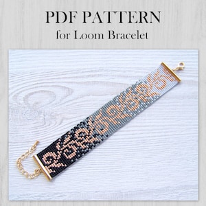 Patrón de cuentas para telar, patrón PDF de pulsera Miyuki Delica, patrón de pulsera con estampado floral en blanco y negro degradado, descarga instantánea de abalorios en PDF