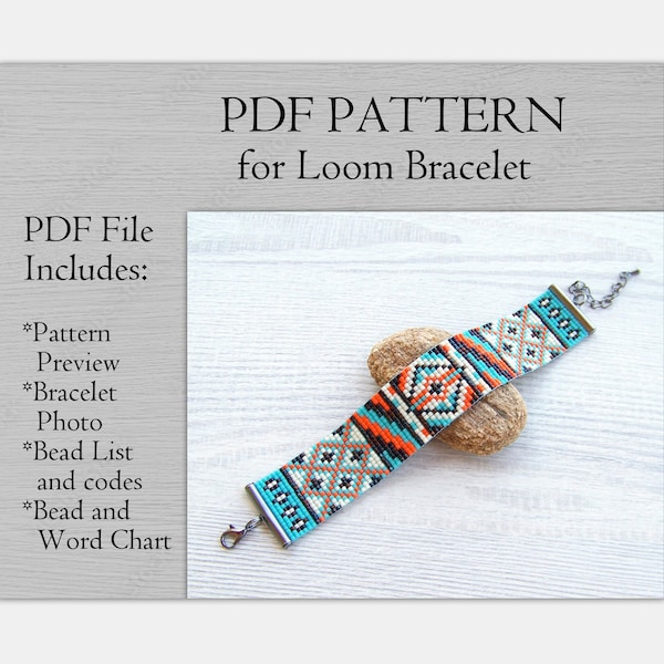 Loom beading pattern, Patchwork modern Miyuki Delica beads Bracelet PDF Pattern, Beading black grey gold wrist cuff instant download