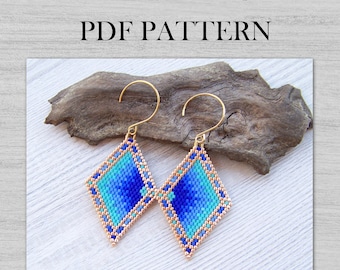 Brick Stitch Diamond Shaped Beaded Earrings pattern, Geometric Blue Shades Rhombus Earrings pattern, Miyuki Delica ombre gradient PDF