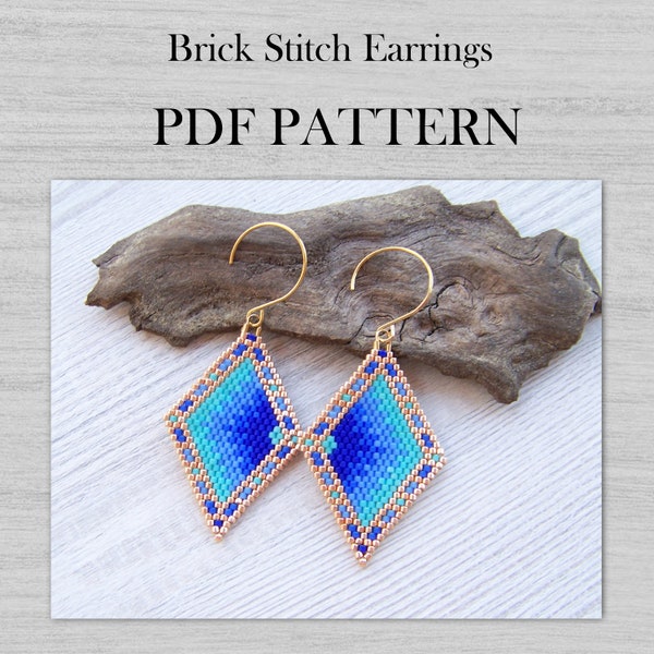 Brick Stitch Diamond Shaped Beaded Earrings pattern, Geometric Blue Shades Rhombus Earrings pattern, Miyuki Delica ombre gradient PDF