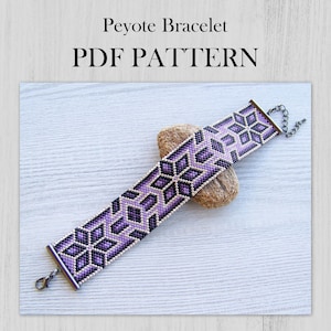 May include: A peyote bracelet PDF pattern featuring a geometric star design in shades of purple, black, and white beads. The bracelet has metal end bars with a lobster claw clasp and an adjustable chain link extension on one side.