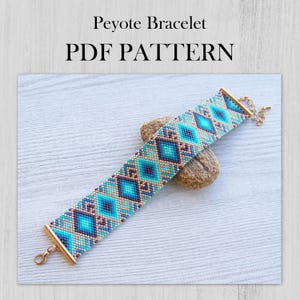 May include: A Peyote Bracelet PDF PATTERN featuring a geometric diamond design in shades of blue, turquoise, and metallic bronze beads. The bracelet includes gold-toned metal end bars and a lobster claw clasp, presented as a digital file.