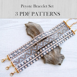 May include: Three beaded Peyote bracelets with gold-colored clasps and chains. The bracelets feature geometric patterns in black, white, and tan beads. The text "Peyote Bracelet Set" and "3 PDF PATTERNS" is at the top.