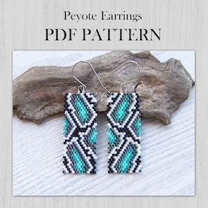 May include: Rectangular Peyote earrings with a geometric pattern in teal, black, and white. The earrings are displayed on a white surface with a piece of driftwood in the background. The text "Peyote Earrings PDF PATTERN" is at the top.