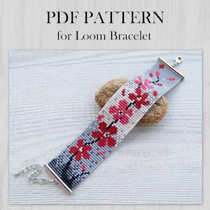 Floral Loom Bead Muster, rote Blume in grau Armband Muster, Miyuki Delica Armband PDF Muster, PDF Perlen Armband sofort download