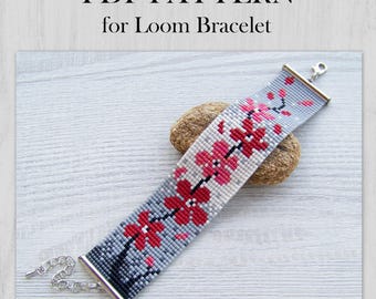 Floral Loom Bead Pattern, Red Flower in grey bracelet pattern, Miyuki Delica Bracelet PDF Pattern, PDF Beading wrist cuff instant download