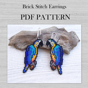 Modèle PDF de boucles d'oreilles ara bleu or bleu Brick Stitch, modèle de boucles d'oreilles perlées Miyuki Delica, perroquet tendance, modèle PDF de boucles d'oreilles multicolores