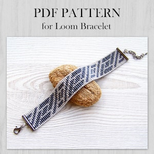 DIY Geometric Loom bracelet pattern, Miyuki Delica Bracelet PDF Pattern, Beading grey steal wrist cuff instant download