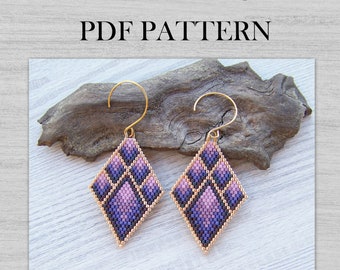 Geometric Purple Gold Brick Stitch Earrings PDF pattern, Rhombus Miyuki Delica Diamond Shaped Beaded pattern, Boho ombre PDF pattern