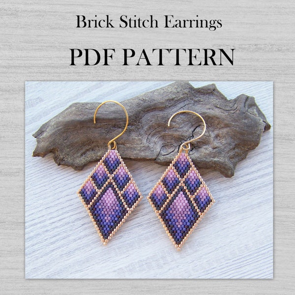 Geometric Purple Gold Brick Stitch Earrings PDF pattern, Rhombus Miyuki Delica Diamond Shaped Beaded pattern, Boho ombre PDF pattern