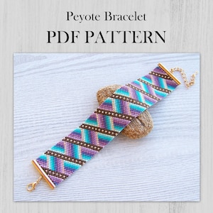 May include: A beaded peyote bracelet with a geometric pattern in shades of purple, teal, and brown. The bracelet has gold-colored clasps and the text "Peyote Bracelet PDF PATTERN".