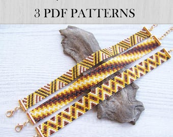 Set of 3 Narrow EVEN Count Peyote bracelet patterns, Yellow and brown Miyuki Delica PDF Pattern, Fill your wrist, Beading instant download