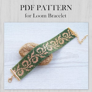 Patrón PDF para pulsera de telar, patrón de pulsera con estampado floral en verde musgo degradado, patrón PDF para pulsera Miyuki Delica, descarga instantánea