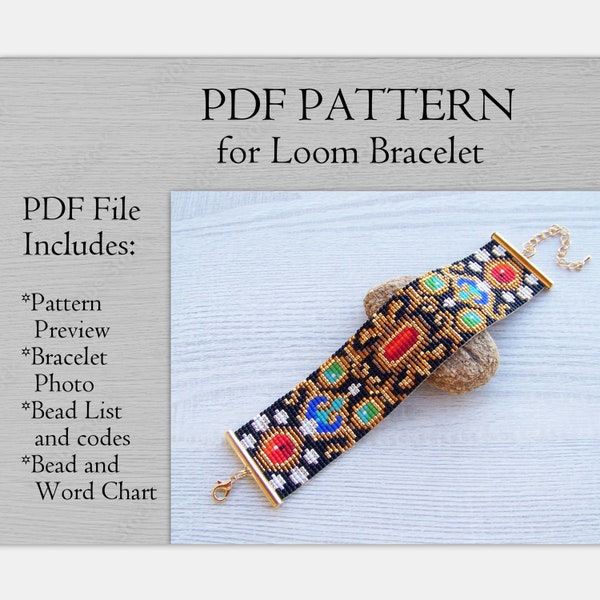 Loom Bead Pattern, Shiny colorful jewels bracelet pattern, Miyuki Delica Beading PDF Pattern, PDF Beading wrist cuff instant download