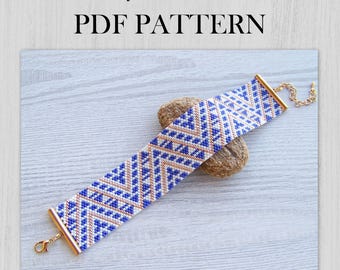 Geometric triangles Peyote EVEN Count bracelet pattern, Miyuki Delica PDF Pattern, Beading blue, gold and cream wrist cuff download PDF