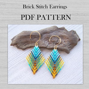 Brick Stitch Earrings PDF pattern, Colorful geometric Rhombus Miyuki Delica Diamond Shaped Beaded pattern, Boho summer earrings PDF pattern