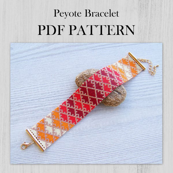 Wzór na bransoletkę peyote, wzór Miyuki Delica w formacie PDF, mankiet na nadgarstek z nieparzystą liczbą koralików w kolorze czerwonym, pomarańczowym i żółtym, ombre, do pobrania