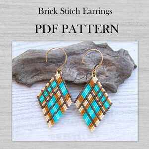 May include: A pair of diamond-shaped earrings with a brick stitch pattern in brown, beige, and turquoise colors. The earrings are made with seed beads and have gold-colored ear wires.  PDF PATTERN.