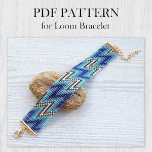 Loom bracelet pattern, Miyuki Delica Bracelet PDF Pattern, Beading blue lightning wrist cuff instant download pattern, narrow bracelet PDF