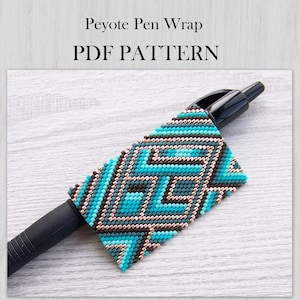 May include: A Peyote Pen Wrap PDF PATTERN featuring a geometric design made of small beads in shades of turquoise, dark brown, and metallic copper. The beaded wrap is shown covering the center of a black ballpoint pen with a textured grip.