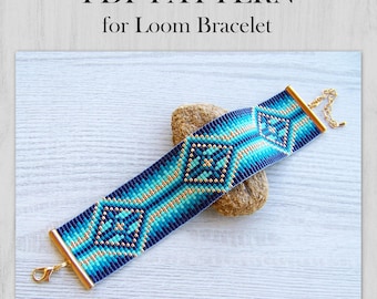 Turquoise Emerald Gradient Loom bracelet pattern, Miyuki Delica Bracelet PDF Pattern, Beading ombre geometric wrist cuff instant download