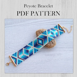 Mönster för armband med udda antal och geometriska Peyote-mönster i blå nyanser, Miyuki Delica-armband i PDF-format, Mönster för blå ombre-toning i handledsmanschett med pärlor