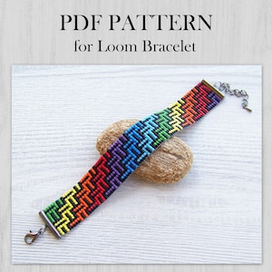 Modello per bracciale Loom con motivo "Labirinto arcobaleno", modello PDF per bracciale Miyuki Delica, download immediato di polsino con perline sfumato oro blu