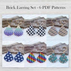 May include: Six pairs of beaded brick earrings in diverse patterns and colours. Designs include blue gradients, black and white houndstooth, geometric tan, blue starbursts, rainbow, and teal chevron. The text "Brick Earring Set - 6 PDF Patterns" is at the top.