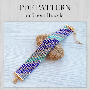Modello per bracciale Loom con motivo a labirinto, modello PDF per bracciale Miyuki Delica, download immediato di polsino con perline sfumato oro blu