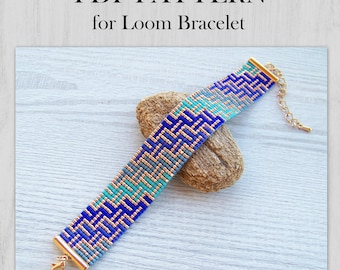 Labyrinth pattern Loom bracelet pattern, Miyuki Delica Bracelet PDF Pattern, Beading gold blue gradient wrist cuff instant download