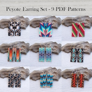 May include: A collection of nine pairs of rectangular peyote stitch earrings featuring diverse geometric patterns in various color palettes, including black, white, blue, red, orange, and green, with gold-toned metal ear wires for each pair.