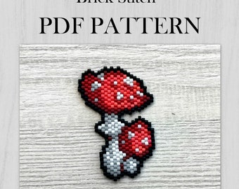 Fly Agaric Mushroom Brick stitch pattern, Forest Mushroom Beading earrings or pendant Pattern, Miyuki Delica beads