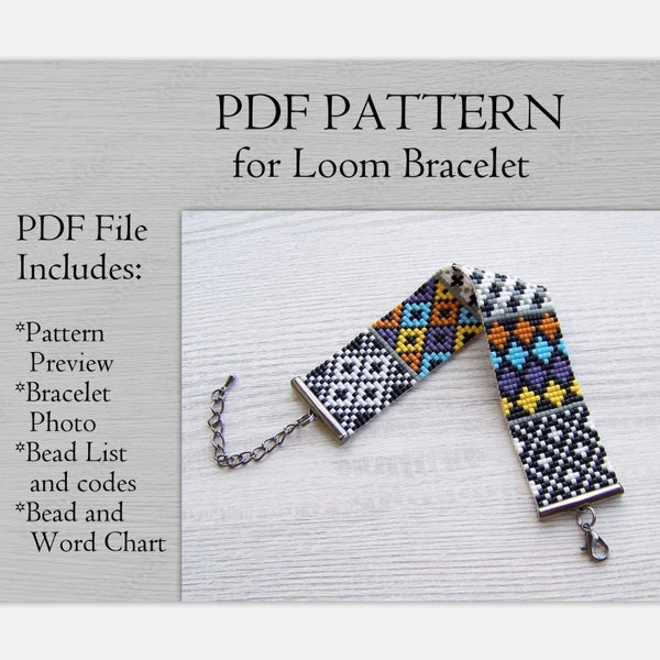 Loom beading pattern, Patchwork modern Miyuki Delica beads Bracelet PDF Pattern, Beading black grey gold wrist cuff instant download