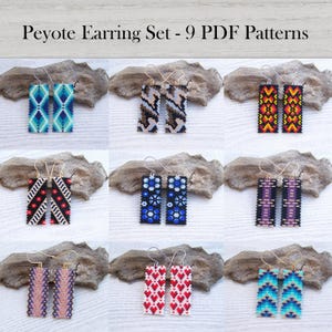 May include: A collection of nine pairs of Peyote earrings with various geometric patterns and colors. The earrings are rectangular and feature designs in shades of blue, brown, red, black, and purple. The text "Peyote Earring Set - 9 PDF Patterns" is at the top.