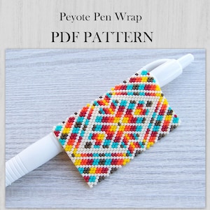 May include: A white pen featuring a peyote stitch bead wrap with a geometric pattern in red, orange, yellow, turquoise, and brown. The text Peyote Pen Wrap PDF PATTERN is displayed above the pen, which is positioned on a light wood surface.