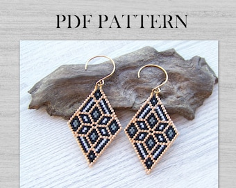 Patrón PDF de pendientes con punto de ladrillo y flores geométricas, patrón de pendientes con cuentas Miyuki Delica con rombos en negro, gris y dorado, patrón PDF de pendientes