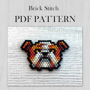 May include: Brick stitch beading pattern for a bulldog, featuring black, white, orange, and brown beads. The pattern is labeled "Brick Stitch PDF Pattern".