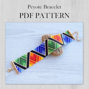 May include: A colourful peyote stitch bracelet with a geometric pattern in shades of blue, green, yellow, orange, and black. The bracelet has a gold clasp and is shown on a wooden surface.  PDF PATTERN.