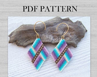 Geometric Purple Blue Brick Stitch Earrings PDF pattern, Rhombus Miyuki Delica Diamond Shaped Beaded pattern, Boho ombre PDF pattern