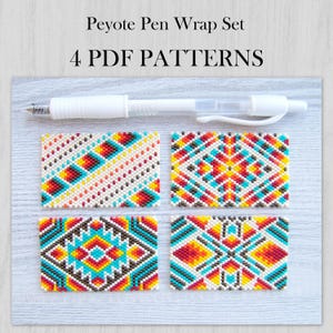 May include: A Peyote Pen Wrap Set featuring 4 PDF patterns with geometric beadwork designs in vibrant red, yellow, orange, turquoise, and brown colors. A white plastic pen is positioned above the four rectangular beaded pattern samples.
