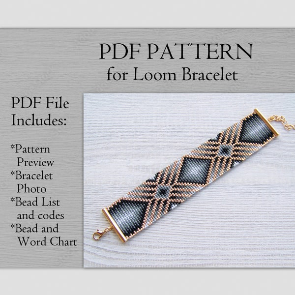 Grey Shades Loom bracelet pattern, Miyuki Delica Bracelet PDF Pattern, Beading gray gradient geometric wrist cuff instant download