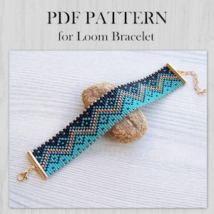 Geometrisches Loom Bead Muster, Miyuki Delica Armband PDF Muster, Schwarz Türkis Gold klassisches Armband Muster, PDF Perlen sofort-Download