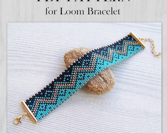 Geometric Loom Bead Pattern, Miyuki Delica Bracelet PDF Pattern, Black turquoise gold classic bracelet pattern, PDF Beading instant download
